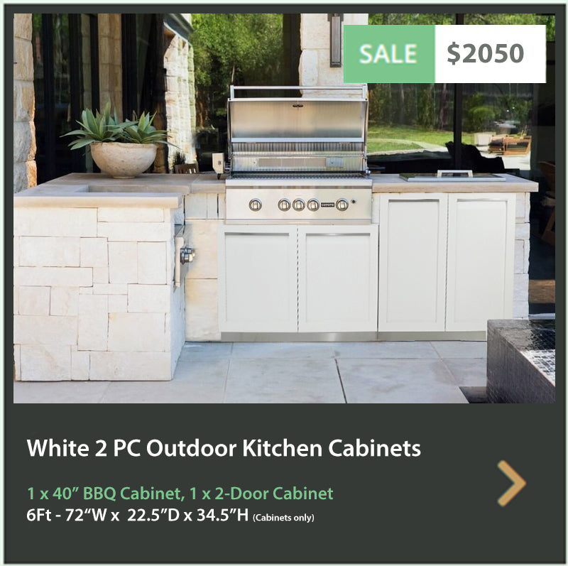 2 PC White Outdoor Kitchen Cabinets: BBQ Grill Cabinet, 2-Door Cabinet