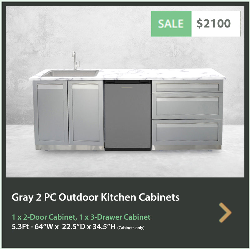 2 PC Gray Outdoor Kitchen Cabinets: 1 x 2 Door Cabinet, 1 x 3 Drawer Cabinet