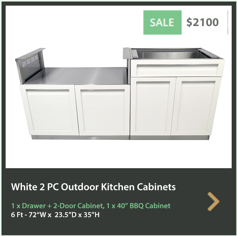 2 PC White Outdoor Kitchen: BBQ Grill Cabinet, Drawer+2 door Cabinet