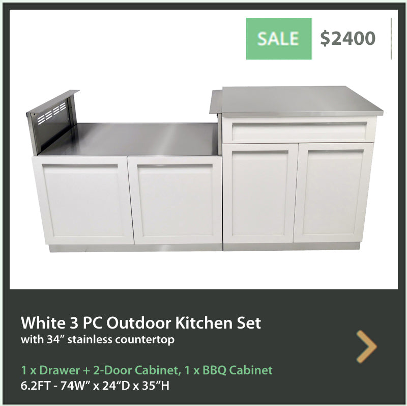 3 PC White Outdoor Kitchen: BBQ Grill Cabinet, Drawer+2 Door Cabinet & 34" Stainless Countertop