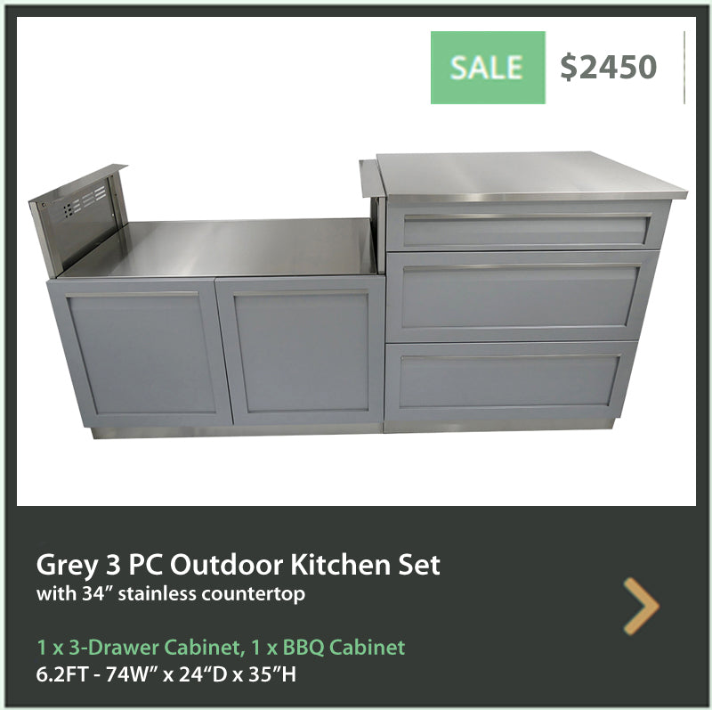 3 PC  Gray Outdoor Kitchen: BBQ Grill Cabinet, 3 Drawer Cabinet & 34" Stainless Countertop