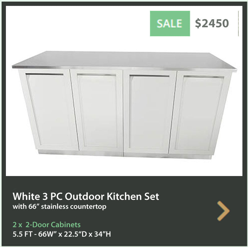 3 PC White Outdoor Island: 2 x 2 Door Cabinets with 66-Inch Stainless Countertop