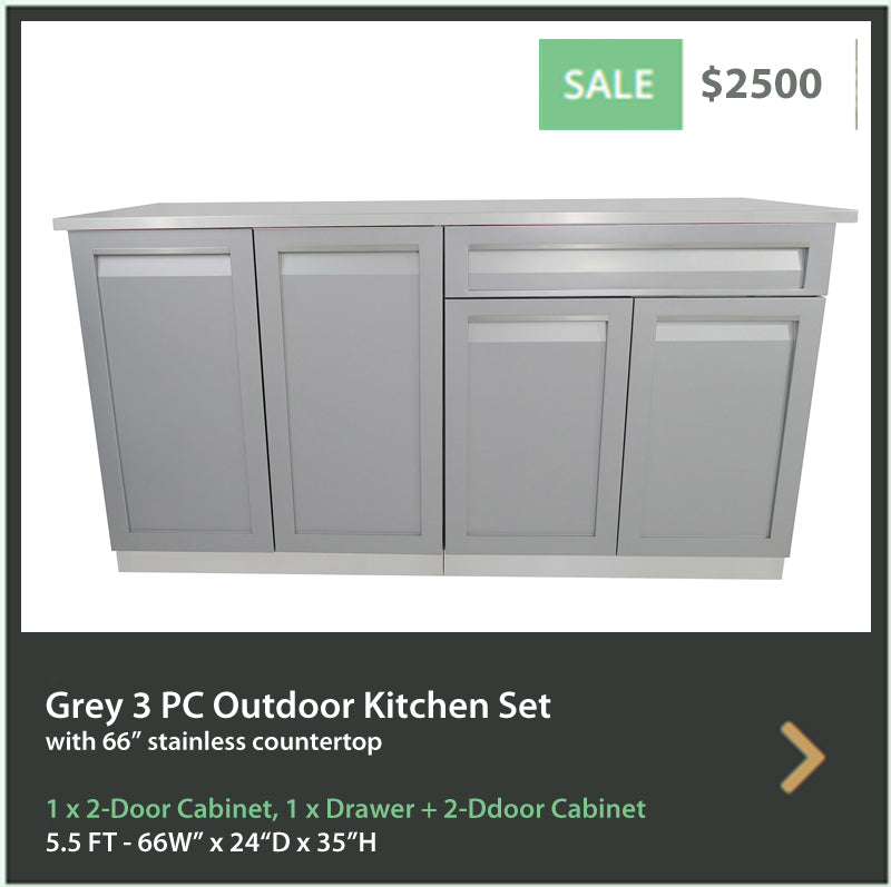 3 PC Gray Outdoor Cabinet Set: 2-door cabinet, Drawer + 2-Door Cabinet, 66-Inch Stainless Steel Countertop