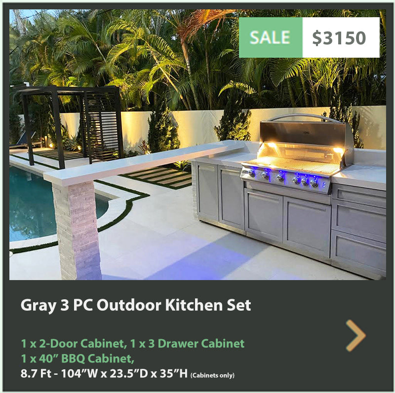 3 PC Gray Outdoor kitchen Island: BBQ Grill Cabinet, 1 x 2-Door Cabinet, 1 x 3 Drawer Cabinet
