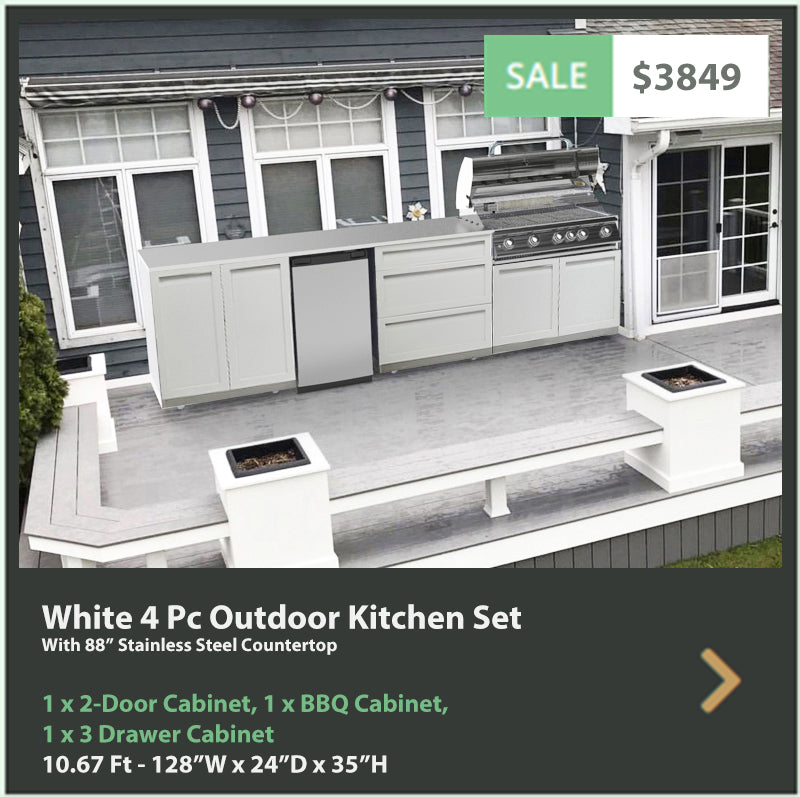 4 PC White Outdoor Kitchen: BBQ Grill Cabinet, 2-Door Cabinet, 3 Drawer Cabinet, 88″ Stainless Countertop