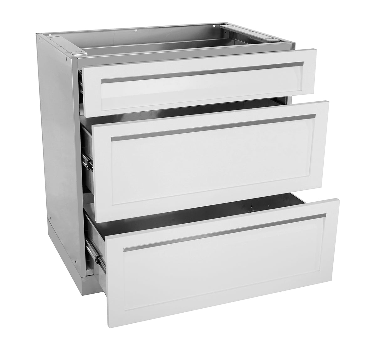 3 PC  White Outdoor Kitchen: BBQ Grill Cabinet, 3 Drawer, 2-Door Cabinet
