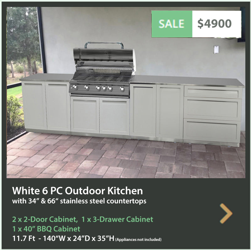 6 PC White Outdoor Kitchen: BBQ Grill Cabinet, 2 x 2-Door Cabinet, 3 Drawer Cabinet, 34″& 66″ Stainless Countertop