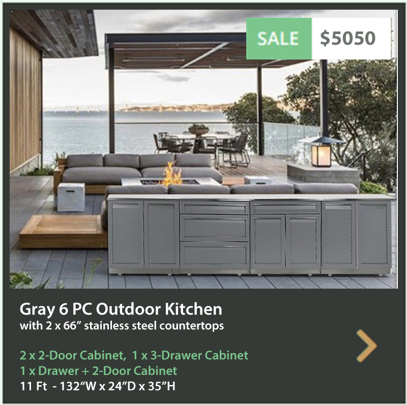 6 PC Gray Outdoor Island: BBQ Grill Cabinet, 2 x 2-Door Cabinet, Drawer + 2-door Cabinet, 3 Drawer Cabinet, 66″ Stainless Countertop