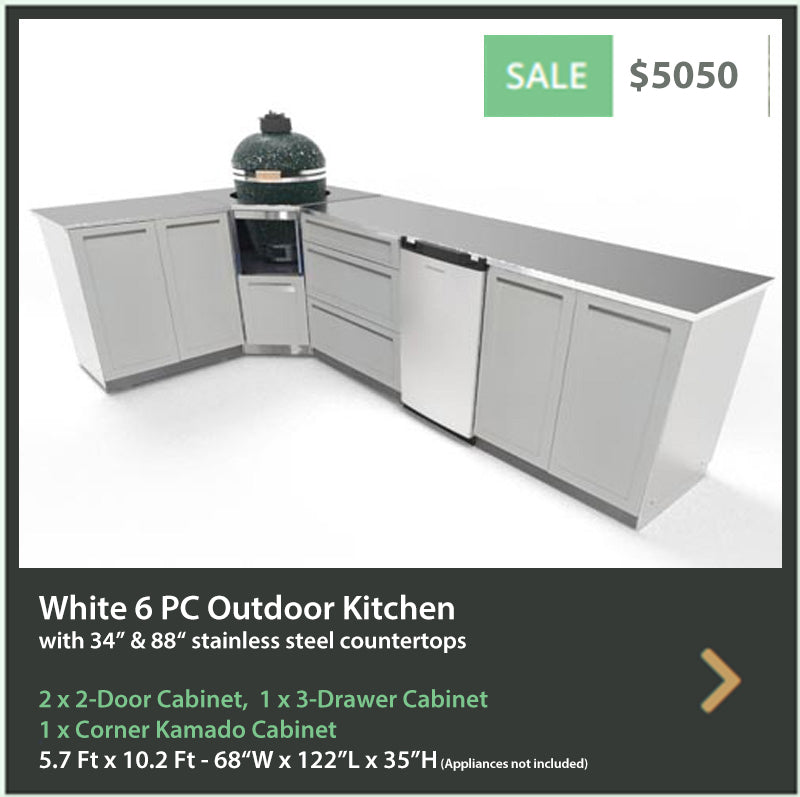 6 PC White Kamado Outdoor Kitchen: 2 x 2 Door Cabinet, 3 Drawer Cabinet, 34″ & 88″ Stainless Countertops