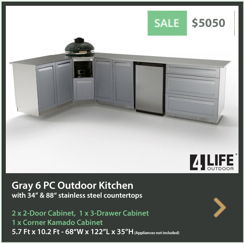 6 PC Gray Kamado Outdoor Kitchen: 2 x 2 Door Cabinet, 3 Drawer Cabinet, 34″ & 88″ Stainless Countertop