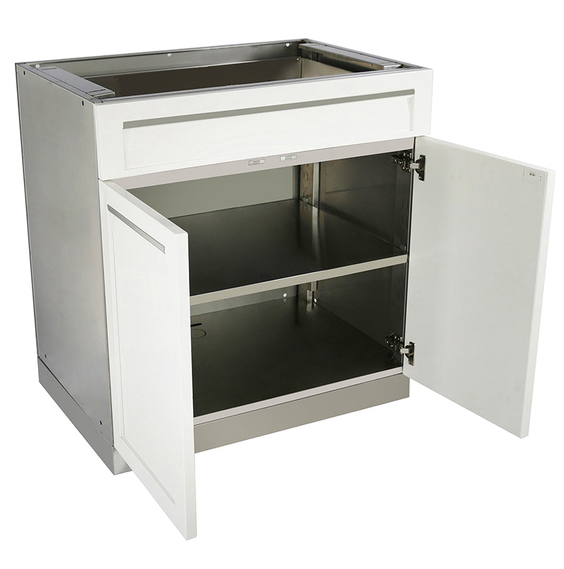 3 PC White Outdoor Kitchen Cabinets: 2-Door Cabinet, 3-Drawer Cabinet, Drawer + 2-Door Cabinet